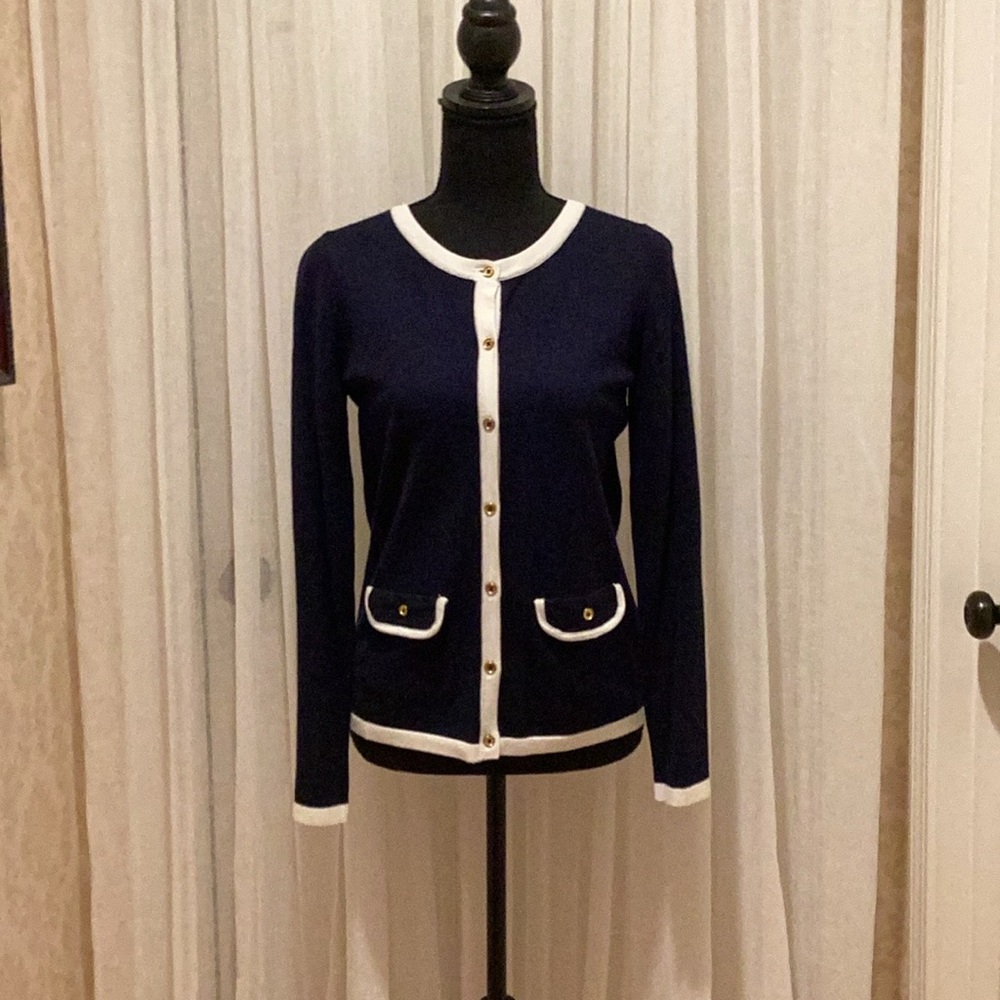 Navy Blue Cardigan Sweater with Gold buttons
